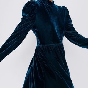 Zara Velvet Mock Neck Teal Dress EUC M EUC